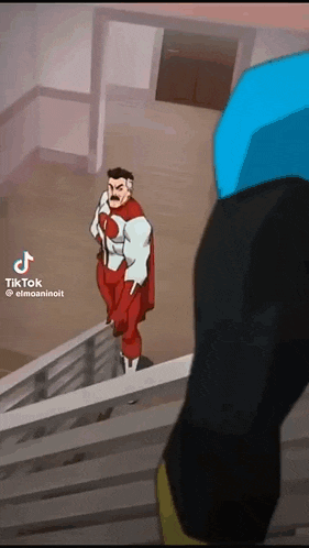 a cartoon of a man in a superhero costume standing on a set of stairs .