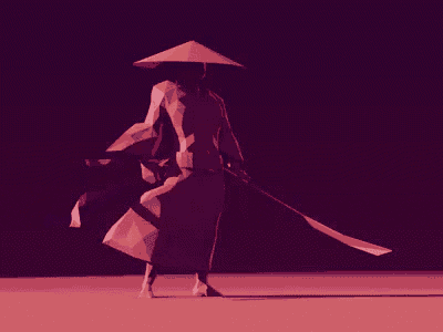 a low poly model of a samurai holding a sword and wearing a hat