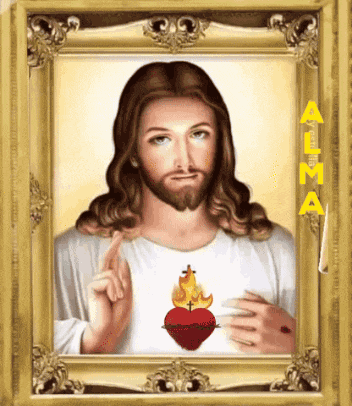 a picture of jesus in a gold frame with the word alma on the bottom