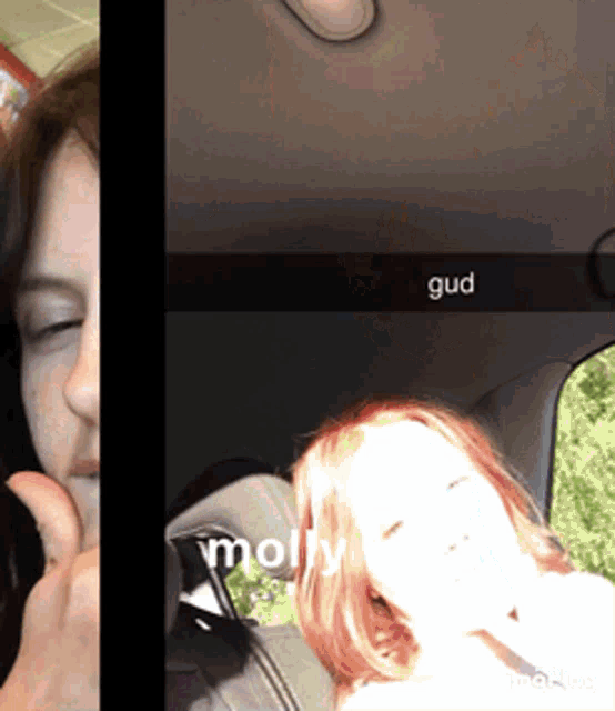 two pictures of a woman in a car with the word gud on the bottom