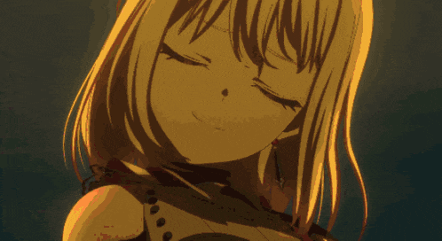 a girl with blonde hair and purple eyes is looking at the camera