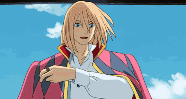 a cartoon character with blonde hair and a pink jacket