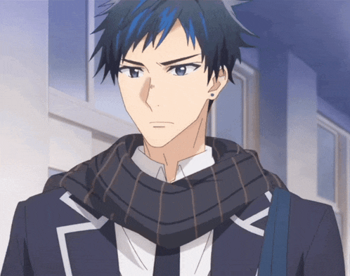 a man with blue hair is wearing a scarf and a suit