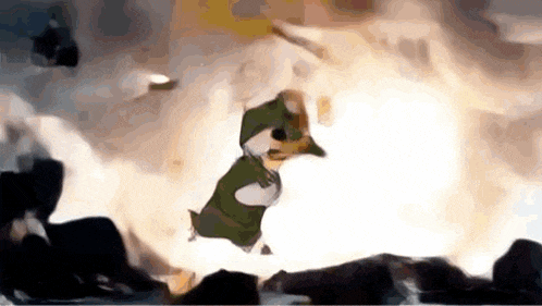 a dog in a military uniform is flying through the air in front of a large explosion .