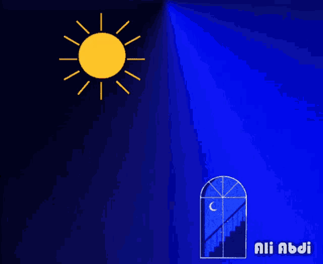 a blue background with a sun and stairs and the name ali abdi on it