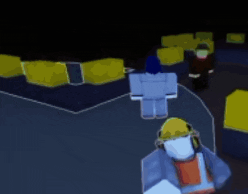 a couple of roblox characters standing next to each other in a dark room