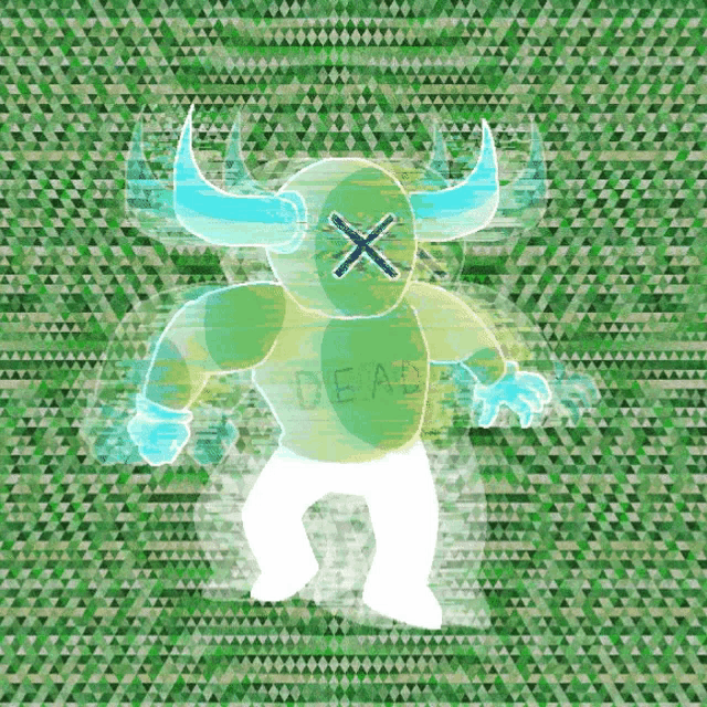a cartoon character with horns and a green shirt that says dead on it