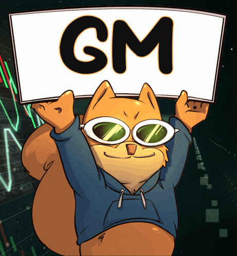 a cartoon squirrel holding a sign that says gm