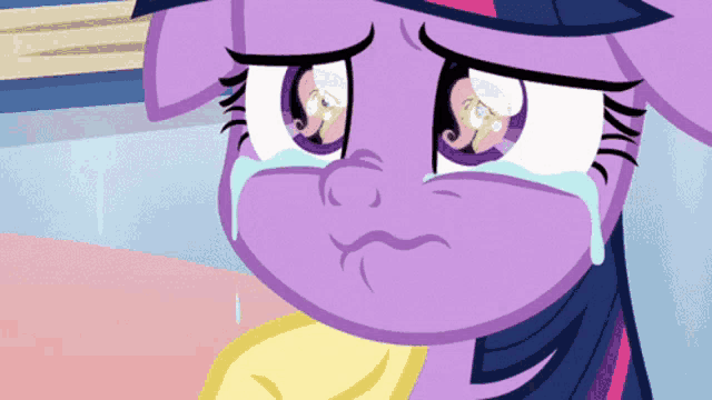 a purple pony with tears coming out of her eyes