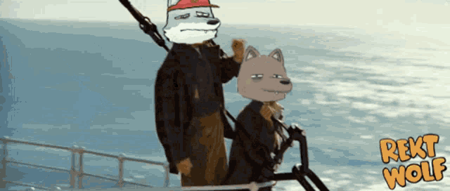 two cartoon animals on a boat with the word rext wolf on the bottom right