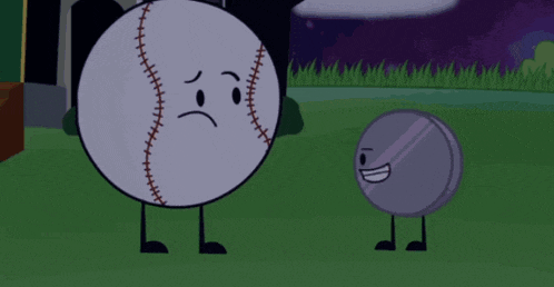 a baseball with a sad face is standing next to a mirror with a smiling face
