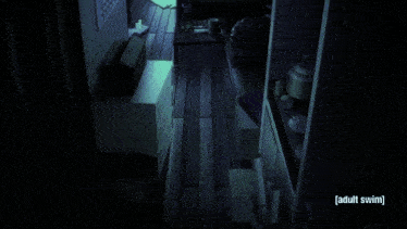 a dark room with a sign that says adult swim on it