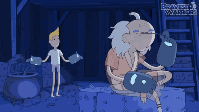 a cartoon of a man standing next to an older man with the words bravest warriors on the bottom
