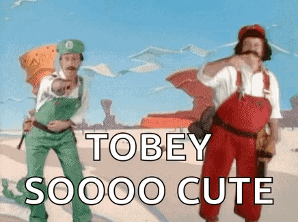 two men dressed as mario and luigi are dancing in a video game scene .