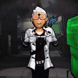 a cartoon of a man in a lab coat and goggles holding arrows