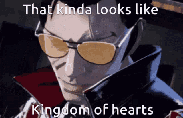 a man wearing sunglasses and a black jacket with the caption that kinda looks like kingdom of hearts