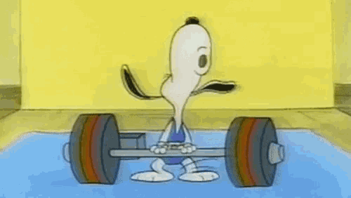 snoopy is lifting a barbell in a cartoon .