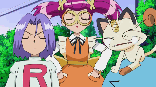 a group of cartoon characters with one wearing a shirt that has the letter r on it