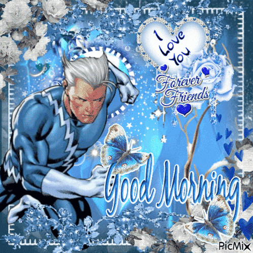 a picture of a superhero with butterflies and the words good morning on it