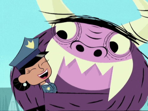 a woman in a police hat hugs a purple monster