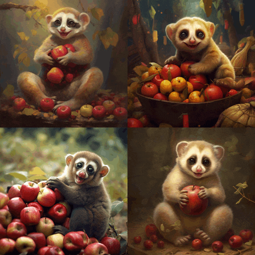 a collage of four pictures of a monkey with apples