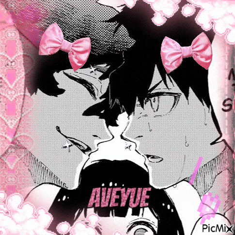 a black and white drawing of a man kissing a girl with the word aveyue in pink letters