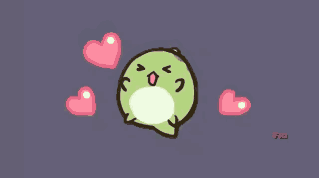 a cartoon frog with hearts around it on a purple background