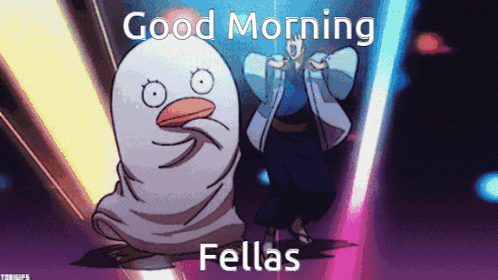 a cartoon character says good morning fellas in front of a purple background