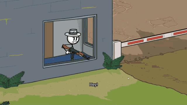 a cartoon drawing of a person holding a metal object in their mouth