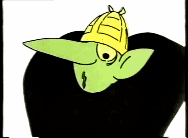 a cartoon drawing of a green monster with a yellow hat on his head