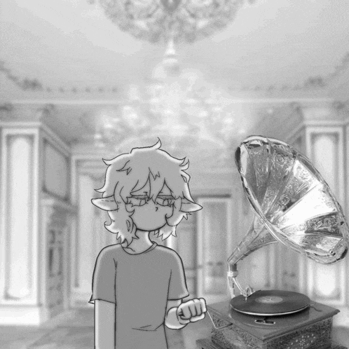 a black and white drawing of a boy standing next to a phonograph