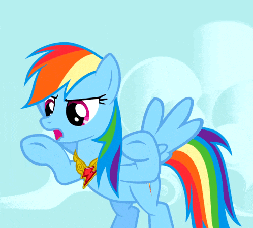 a blue pony with a rainbow mane and tail has a necklace with a lightning bolt on it
