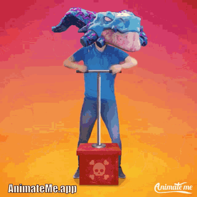 an animate me app shows a man holding a box with a skull on it