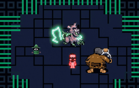 a pixel art drawing of a wizard a witch and a monster