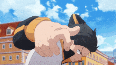a cartoon character is pointing at the camera with a building in the background