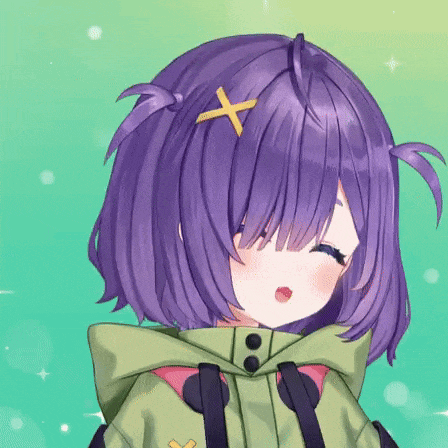 a close up of a girl with purple hair and a yellow cross on her head .