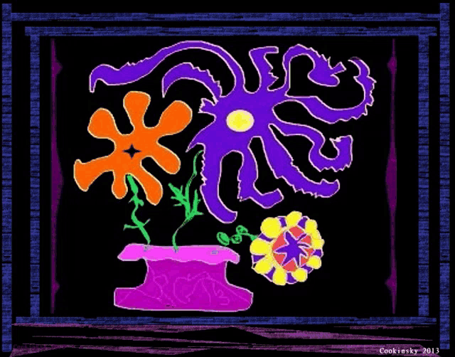a drawing of a flower pot with a purple octopus and a yellow flower by cookiesky 2013