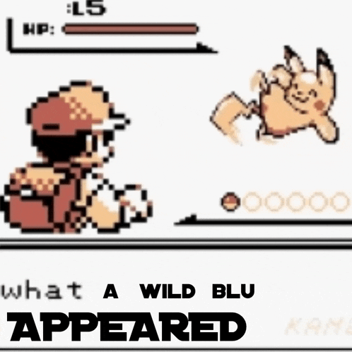 a pixel art of a man and a pikachu with the words " what a wild blu appeared " below them
