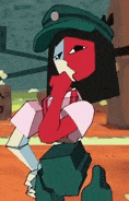 a cartoon character is wearing a green hat and holding a knife in her hand .