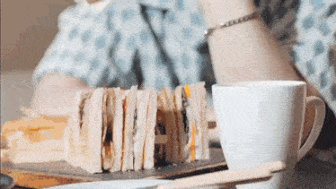 a woman is sitting at a table with a cup of coffee and a sandwich on it .