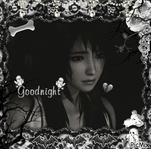 a black and white photo of a woman with the words goodnight on the bottom