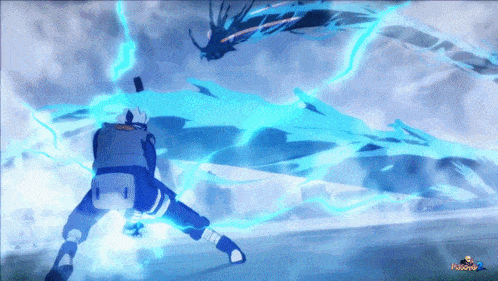 a blue lightning strikes a person in a video game with the word naruto on the bottom