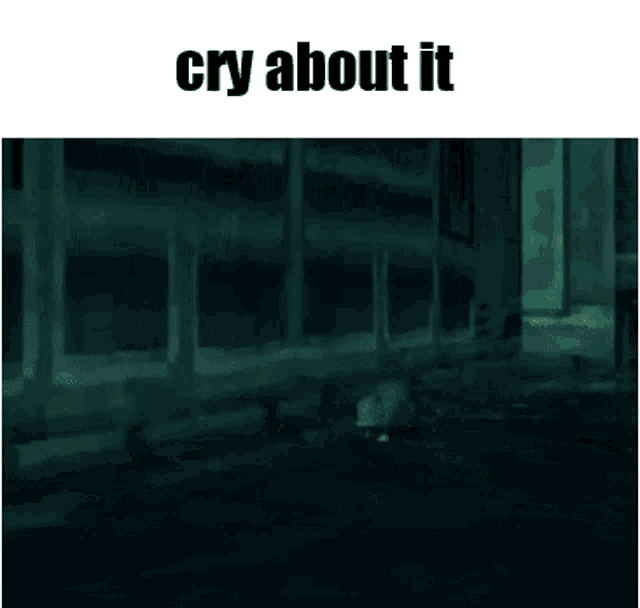 a person is standing in the dark with the words `` cry about it '' written on the bottom .