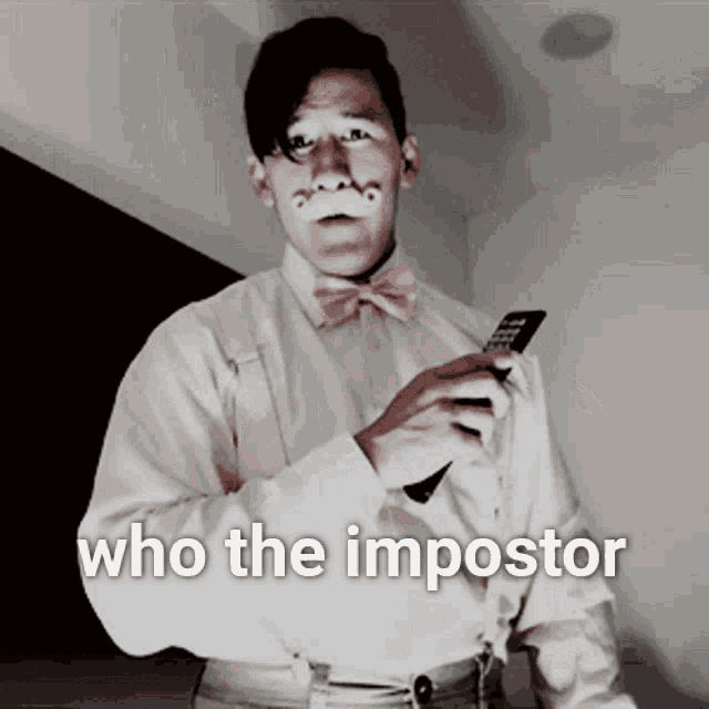 a man wearing a bow tie and suspenders is holding a remote control and the words who the impostor are above him