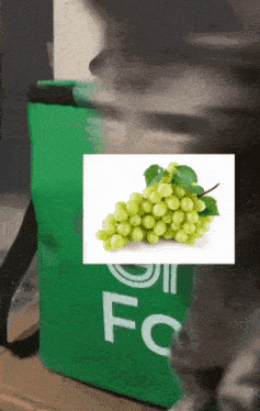 a bunch of green grapes on a white background next to a green bag that says fc on it