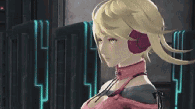 a blonde anime girl wearing headphones and a pink collar