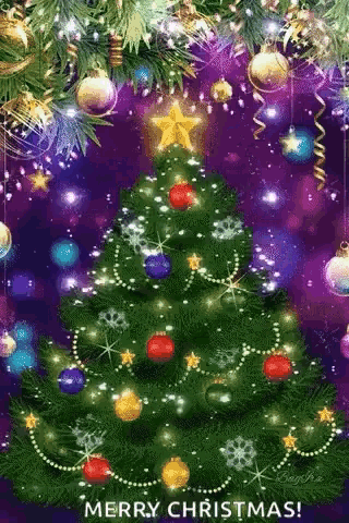 a merry christmas card with a christmas tree decorated with balls , stars , and lights .