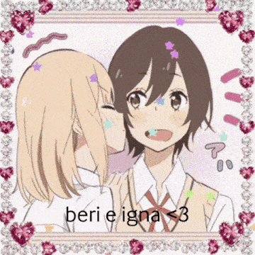a girl kissing another girl on the cheek with the words beri e igna < 3