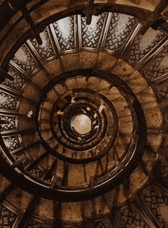 looking up at a spiral staircase with a circular design .