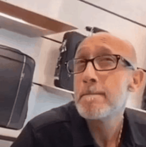 a bald man with a beard and glasses is sitting in front of a shelf with luggage .